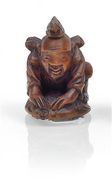 A wooden netsuke of Ebisu with a sea bream - Asian art