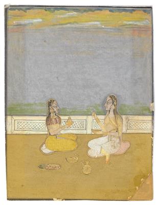 A miniature painting of a princess (or Bani Thani) with a servant. India, Rajasthan, Kishangarh, last quarter of the 18th cent. - Asian art
