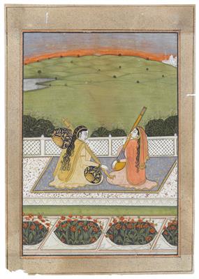 A miniature painting depicting two musicians. India, Pahari region, Kangra or Guler, early 18th cent. - Asian art