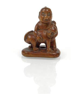 Netsuke eines Knaben mit Katze - Asiatische Kunst