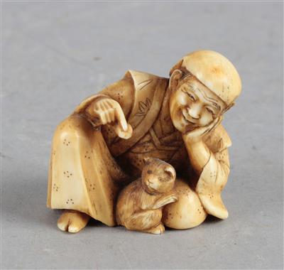 Netsuke eines sitzenden Mannes mit Hund, - Asiatische Kunst