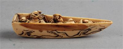 Netsuke eines Bootes mit sechs Insassen, - Starožitnosti