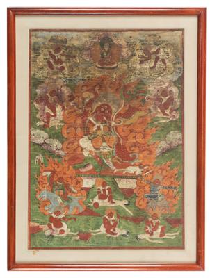 Thangka des Schutzgottes Begtse mit Gefolge, Mongolei, 19. Jh. - Antiquariato