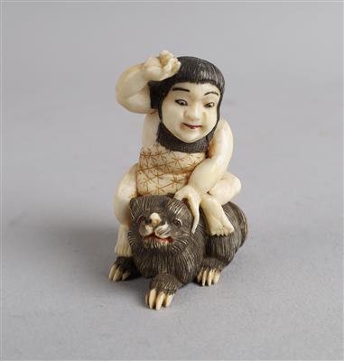 Netsuke eines Mannes auf tenuki sitzend, Japan, 19. Jh., signiert Masahiro, - Antiquariato