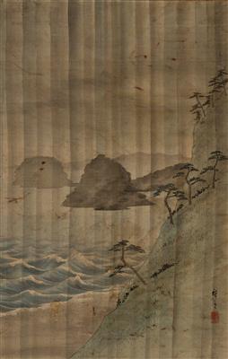 Hiroshige (1797-1858) - Aus einer Hängerolle: Aufgewühlte See vor Felsen mit Pinien - Asiatische Kunst
