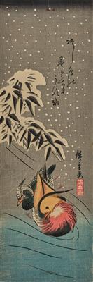 Hiroshige (1797-1858) Zwei Mandarin-Enten unter verschneitem Bambus bei leichtem Schneefall - Asiatische Kunst