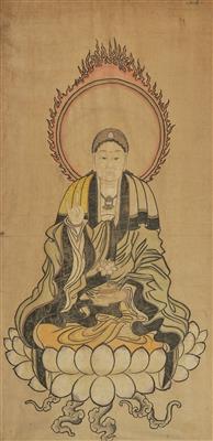 Japan, Meiji/Taisho - Hanging Scroll, Portrait of a Buddha with Aureole on a Lotus Throne, - Asijské umění