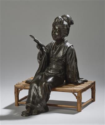 Lesende junge Frau, signiert Hidemitsu kansei, Japan, Meiji Zeit, - Asiatische Kunst