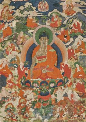 Thangka of Buddha Shakyamuni and the 16 Arhats, Tibet, 19th/20th Century, - Asijské umění