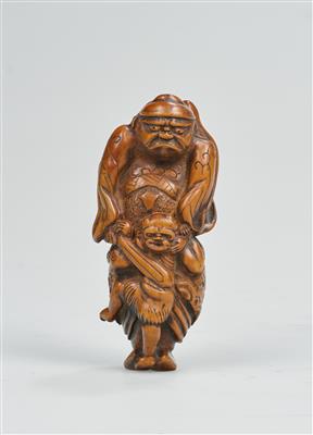 Netsuke des Shoki mit oni, Japan, 19. Jh., signiert, - Arte Asiatica