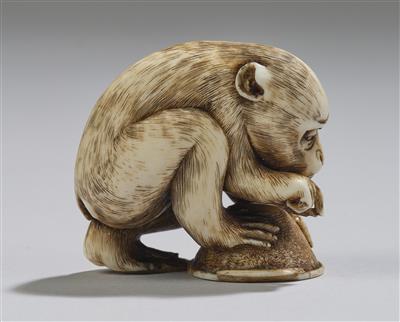 Netsuke eines Affen einen Oktopus mit einer Muschel einfangend, Japan, Meiji Zeit, 19. Jh., signiert Naomitsu, - Asijské umění