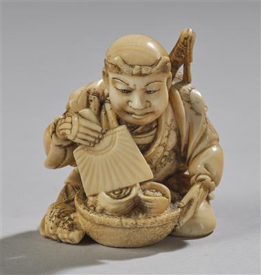 Netsuke eines knienden Mannes mit Korb, Japan, Meiji Zeit, 19. Jh., - Asiatische Kunst