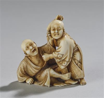 Netsuke zweier ringender Männer, Japan, Meiji Zeit, signiert Shizutora (Seiko), - Arte Asiatica