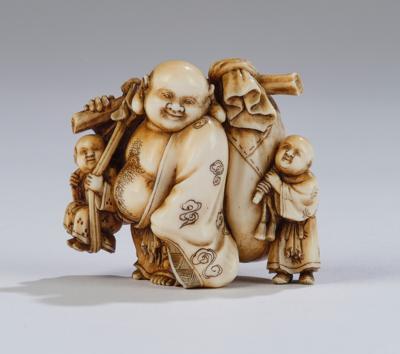 Netsuke des Budai mit zwei karako, Japan, Meiji Zeit (1868-1912), - Arte Asiatica