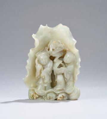 Jadefiguren der Hehe Erxian Zwillinge vor Lotusblatt, China, 20. Jh., - Asiatische Kunst