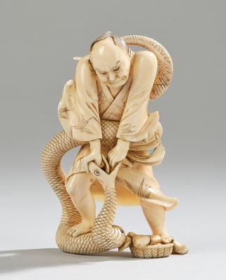 Okimono eines mit einer Schlange kämpfenden Pilzsammlers, Japan, Meiji-Zeit (1868-1912), - Asian Art
