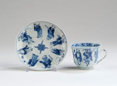 Blau-weiße Tasse mit Untertasse, China, Vierzeichenmarke Kangxi Nianzhi, 19. Jh., - Asiatische Kunst
