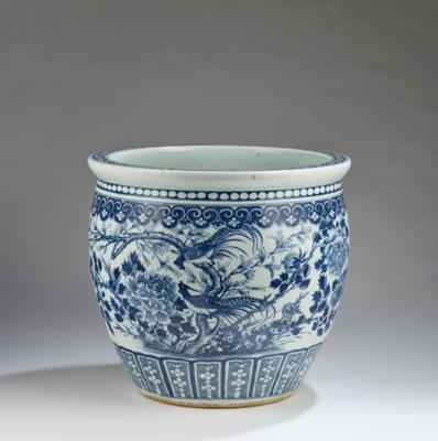 Blau-weißer Übertopf, China, späte Qing Dynastie, - Asiatische Kunst