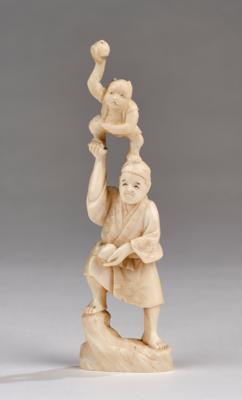 Okimono eines Akrobaten mit Affen, Japan, 1. Viertel 20. Jh., - Asiatische Kunst