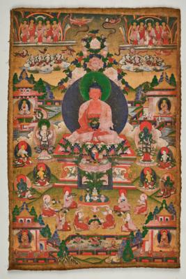 Thangka des Buddha Amithaba im Land Sukhavati, Tibet, 19. Jh., - Arte Asiatica