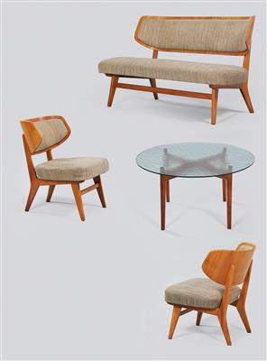 Insieme composto da divano, due poltroncine e tavolo da salotto, progetto Herta-Maria Witzemann, - Design