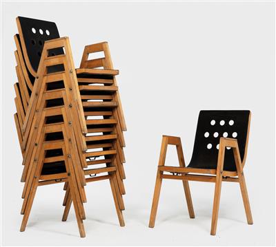 A set of eight stacking chairs (Model No. 34–3), designed by Roland Rainer, - Design