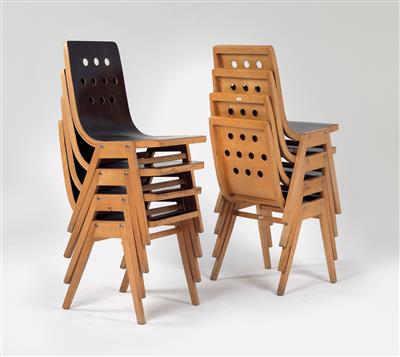 A set of eight stacking chairs (Model No. 34–3), designed by Roland Rainer, - Design