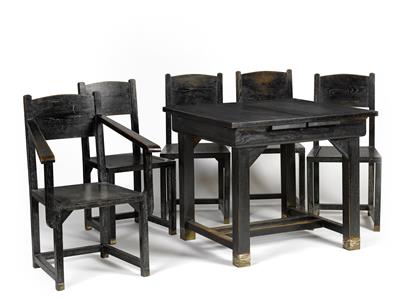 A group of an extension table, four chairs, and an armchair, designed by Bruno Emmel, - Design