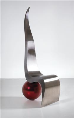 A stainless steel object, Model “Peak with Red Ball, matt”, designed and manufactured by Friedrich Schilcher 2017, - Design
