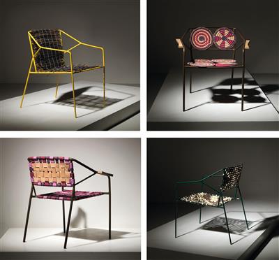 A set of four chairs from the Chair 4 Ways series, designed by Nawaaz Saldulker, - Design
