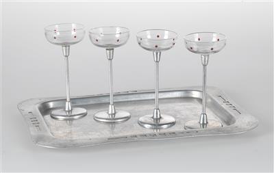 A tray and four liqueur glasses, designed by Otto Wagner, manufactured by August Filzamer, Vienna, c. 1910, - Design