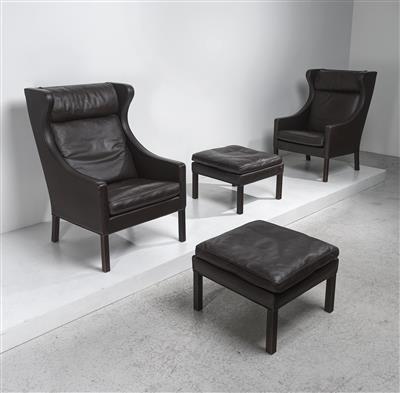 Two Highback Armchairs Mod. No. 2204 with Two Ottomans Mod. No. 2202, designed by Børge Mogensen, - Design