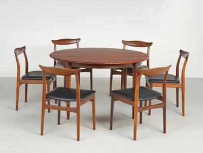 Essgruppe: Satz von sechs Stühlen von Vamo Sonderborg und ein ausziehbarer Esstisch von Skovmand  &  Andersen, - Design
