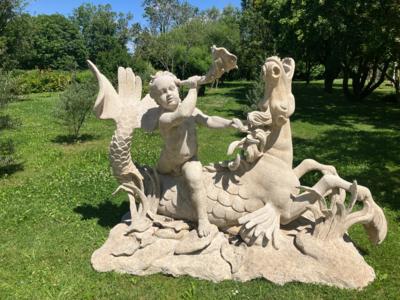 Große Garten- bzw. Brunnenskulptur,"Knabe mit Muschelhorn auf springenden Seepferd", - Garden Furniture & Decorations