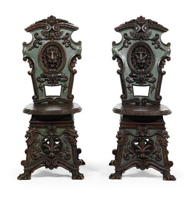 Pair of decorative revivalist chairs or Sgabelli, - Nábytek
