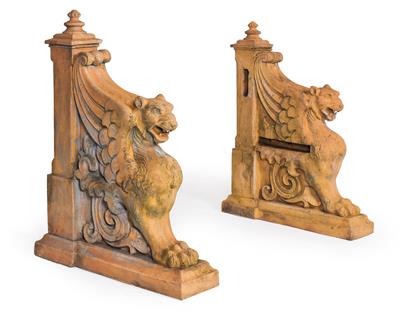 Pair of historicist terracotta decorative elements (presumably from a Bank) - Mobili