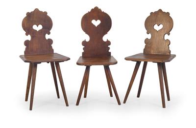 Three slightly different wooden chairs, - Rustic Furniture