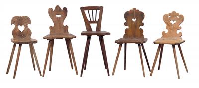 Five different rustic chairs, - Rustikální nábytek