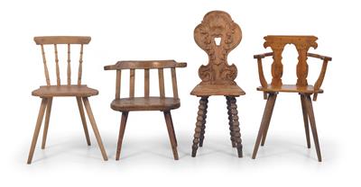 Four differently styled rustic chairs, - Mobili rustici