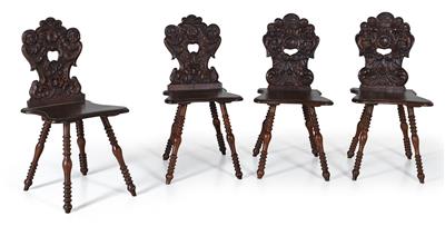 Two pairs of carved wooden chairs, - Mobili e arti decorative