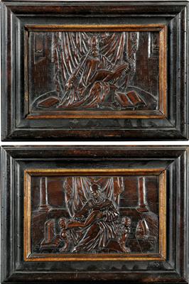 Two framed relief intarsias with depictions of popes, - Collezione Reinhold Hofstätter