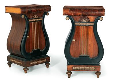 Pair of small lyre-shaped cabinets, - Furniture and Decorative Art