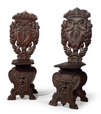 A pair of plank chairs in Renaissance style, - Mobili e arti decorative