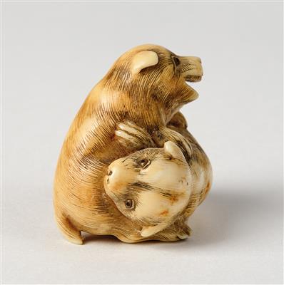 A Netsuke of Two Mating Puppies, Japan, Edo Period, mid-19th Century, signed Ransen - Property from Aristocratic Estates and Important Provenance