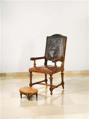 A Historist Armchair with Footstool, - Furniture