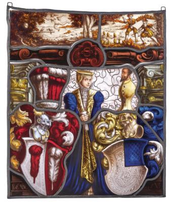 Verbleites Historismus Glasfenster mit zwei Wappen, - Majetek aristokratického původu a předměty důležitých proveniencí