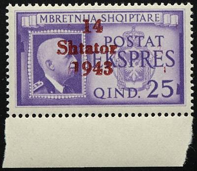 ** - D. Bes. Albanien Nr. 14 VI Plattenfehler: "1" von "1943" verkürzt (Feld 48), - Stamps