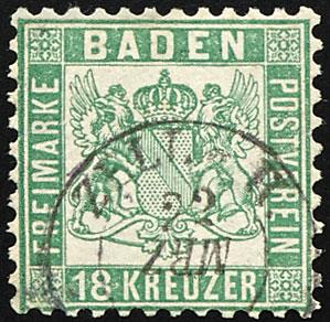 gestempelt - Baden Nr. 21 (18 Kr. grün) mit Teilstempel ZELL a. H. / 22 MRZ. (mit vekehrt eingesetzter Monatsangabe), - Francobolli