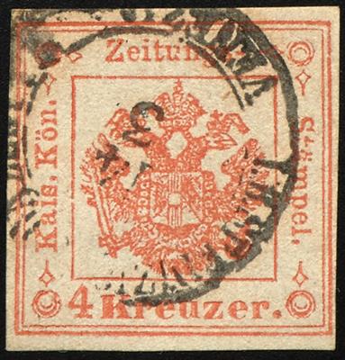 gestempelt - Lombardei-Venetien Zeitungsstempelmarke Nr. 4 (4 Kreuzer rot Type I), - Známky