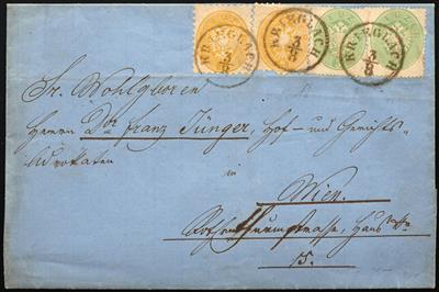 Poststück - Österreich Nr. 25 + 25 + 30 + 30 auf Faltbrief von Krieglach/Steiermark nach Wien aus 1865, - Známky